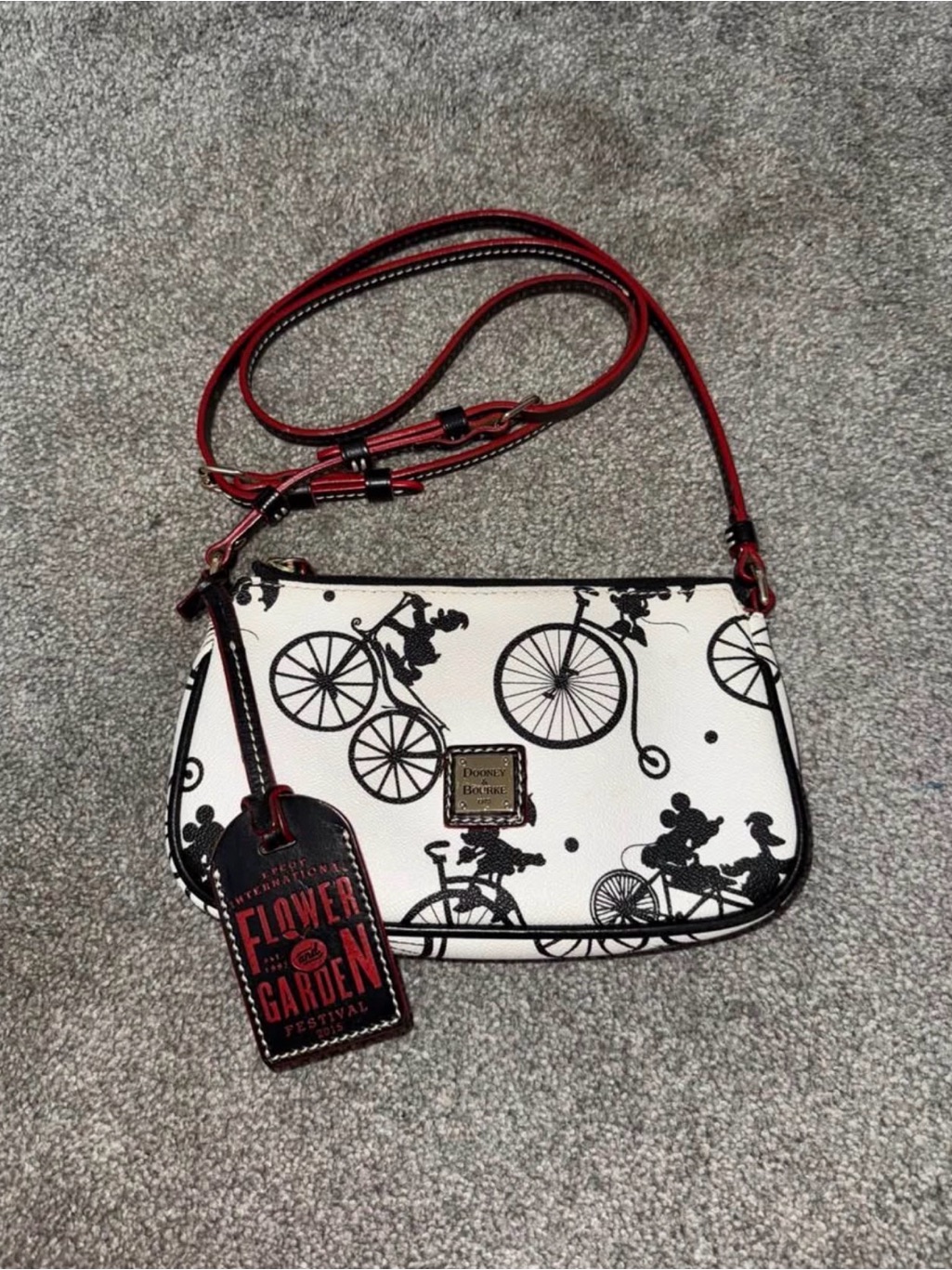 Dooney & Bourke White Crossbody With Black Bicycle Print And Red Trim